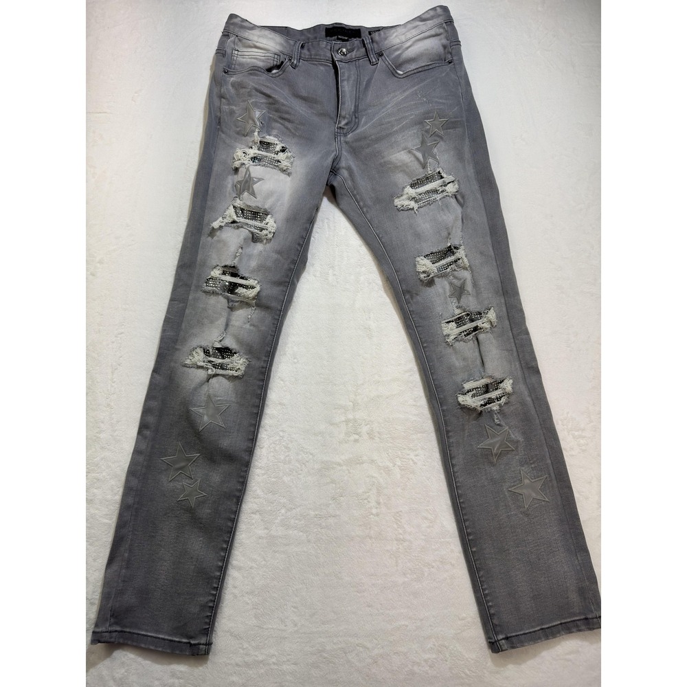Decibel‎ Jeans Mens 32x32 Gray Denim Slim Skinny Distressed Star Studded